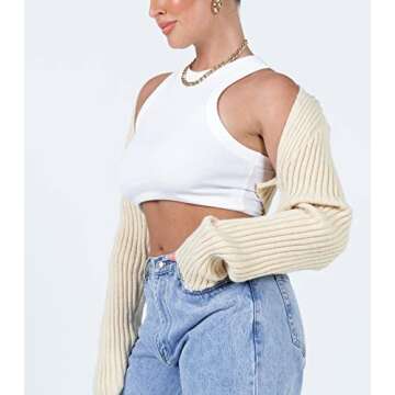 Women Drop Shoulder Cropped Shrug Sweater Long Sleeve Open Front Top Fitted Knit Bolero Crop Cardigan Aesthetic Streetwear Beige