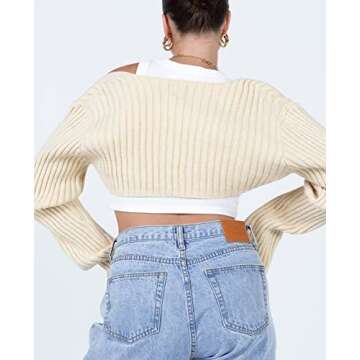 Women Drop Shoulder Cropped Shrug Sweater Long Sleeve Open Front Top Fitted Knit Bolero Crop Cardigan Aesthetic Streetwear Beige