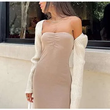 Women Drop Shoulder Cropped Shrug Sweater Long Sleeve Open Front Top Fitted Knit Bolero Crop Cardigan Aesthetic Streetwear Beige