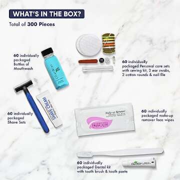 Personal Care Travel Toiletries | 1-Shoppe Amenities Kit | Travel Shaving Set, Toothbrush & Paste, Mouthwash, Makeup Wipes, Swabs, Nail File & Sewing Kit | 300 Pieces