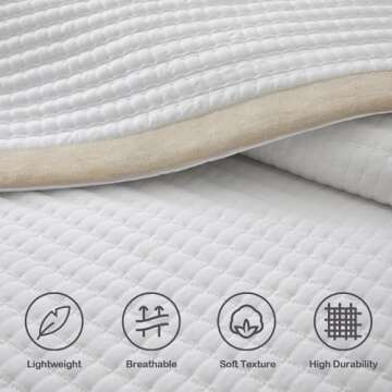 Bonlino White Quilt Set King Size - Farmhouse Soft Striped Stitch Bedding Bedspread Coverlet Summer Lightweight Quilt Bed Sets with 2 Pillow Shams for Home All Season with Linen Border