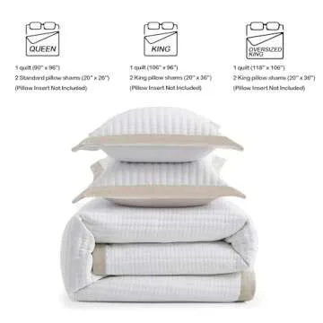 Bonlino White Quilt Set King Size - Farmhouse Soft Striped Stitch Bedding Bedspread Coverlet Summer Lightweight Quilt Bed Sets with 2 Pillow Shams for Home All Season with Linen Border