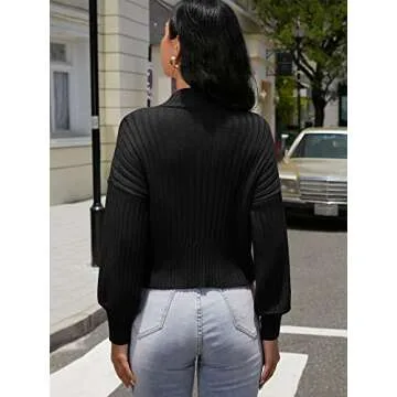 ZAFUL Women's Mock Neck Sweater Long Sleeve Ribbed Knit Basic Cropped Pullover Sweater (1-Black)