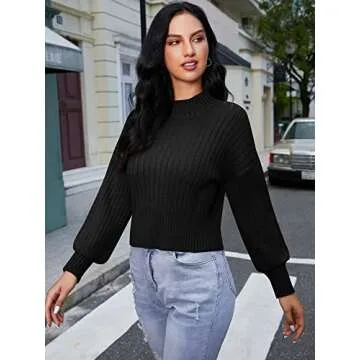 ZAFUL Women's Mock Neck Sweater Long Sleeve Ribbed Knit Basic Cropped Pullover Sweater (1-Black)