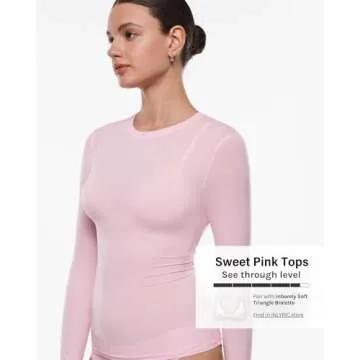 INLYRIC Women's Long Sleeve T-Shirts Crew Neck Basic Fitted Slim Crop Tops Going Out Trendy Tops Spring Tees Sweet Pink Medium