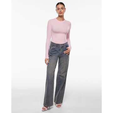 INLYRIC Women's Long Sleeve T-Shirts Crew Neck Basic Fitted Slim Crop Tops Going Out Trendy Tops Spring Tees Sweet Pink Medium