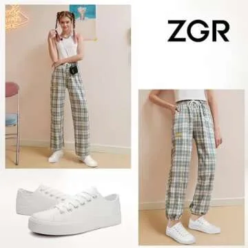 ZGR Women’s Canvas Low Top Sneaker Lace-up Classic Casual Shoes Black and White(Natural White,US5)