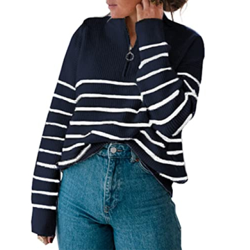 Amkoyam Women's Fall Sweaters 2024: Cozy Striped Knit with Half Zip