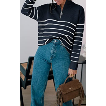 Amkoyam Women's Fall Sweaters 2024 Cozy Striped Knit Half Zip