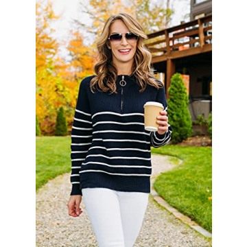 Amkoyam Women's Fall Sweaters 2024 Cozy Striped Knit Half Zip