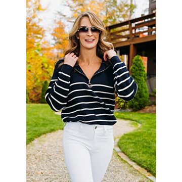 Amkoyam Women's Fall Sweaters 2024 Cozy Striped Knit Half Zip