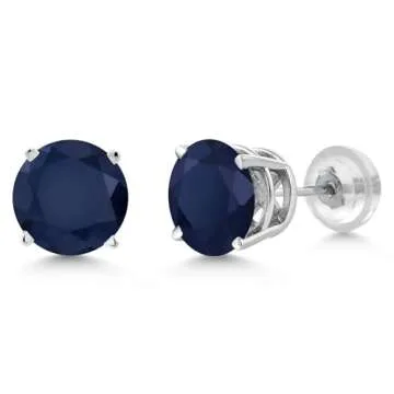 Gem Stone King 14K White Gold Blue Sapphire Stud Earrings For Women Men | 2.00 Cttw | Gemstone Birthstone | Round 6MM | Gold Earrings For Women Men
