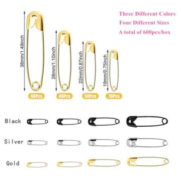 600 Pcs Safety Pins Assorted, 4 Sizes Large and Small Safety Pins for Clothes,Black Gold Silver Safe...