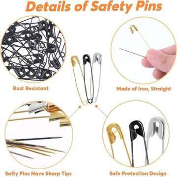 600 Pcs Safety Pins Assorted, 4 Sizes Large and Small Safety Pins for Clothes,Black Gold Silver Safety Pins Rust Resistant for Art,Crafts, Sewing and Jewelry Making