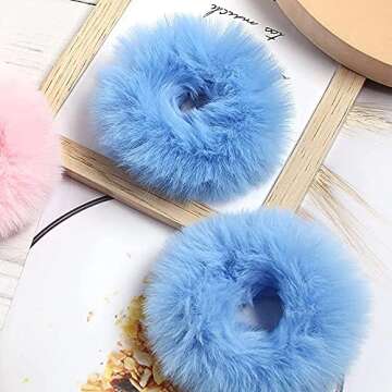 2 PCS Furry Scrunchies with Faux Rabbit Fur, Elastic Hair Ties, Bobbles, Ponytail Holders for Girls ...