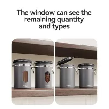 Veken Coffee Canister with Window, Airtight Stainless Steel Kitchen Food Storage Container, Date Tracker & Scoop for Grounds Coffee, Beans, Tea, Flour, Cereal, Sugar, 22OZ, Grey