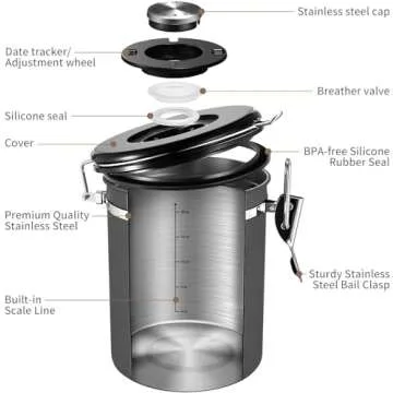 Veken Coffee Canister with Window, Airtight Stainless Steel Kitchen Food Storage Container, Date Tracker & Scoop for Grounds Coffee, Beans, Tea, Flour, Cereal, Sugar, 22OZ, Grey