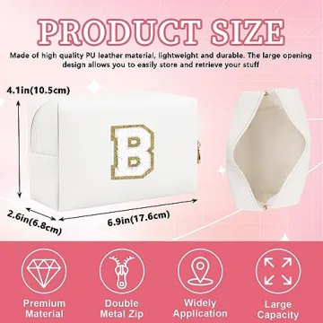 Personalized Initial Letter Patch Makeup Bag, Preppy Portable Chenille Cosmetic Bag with Zipper, PU ...