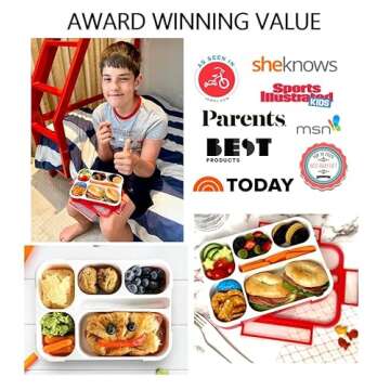 kinsho Bento Box Kids Lunch-Box, Snack Containers for Toddler Daycare, Leakproof School Bentobox 6 Compartment Container for Boys Girls Adults Lunches, Utensils, Red