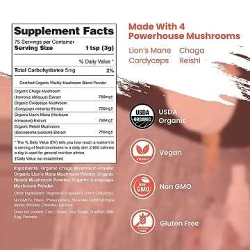 Organic Mushroom Powder Blend - 4-in-1 Reishi, Lion’s Mane, Cordyceps and Chaga Mushroom Supplement Extract Complex, Mushroom Blend Powder for Immune Boost & Brain Support, Add to Coffee, Tea or Water