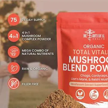 Organic Mushroom Powder Blend - 4-in-1 Reishi, Lion’s Mane, Cordyceps and Chaga Mushroom Supplement Extract Complex, Mushroom Blend Powder for Immune Boost & Brain Support, Add to Coffee, Tea or Water