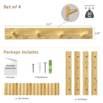 Forbena Natural Wood Coat Rack Wall Mount Set of 4, Wooden Wall Hooks for Bathroom Towels, Vertical ...