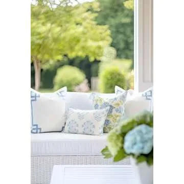 Hofdeco Premium Coastal Patio Indoor Outdoor Throw Pillow Cover Only, 20"x20" Water Repellent for Backyard, Couch, Baby Blue Embroidered Frame Greek Key