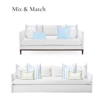 Hofdeco Premium Coastal Patio Indoor Outdoor Throw Pillow Cover Only, 20"x20" Water Repellent for Backyard, Couch, Baby Blue Embroidered Frame Greek Key