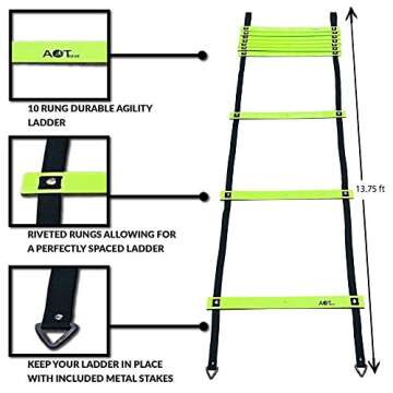 AOT Gear® Speed and Agility Training Equipment - Complete Set Includes Agility Ladder, 6 Adjustable Hurdles, 12 Soccer Cones, Running Parachute, 5 Pack Resistance Bands, Carrying Case and Drills Book