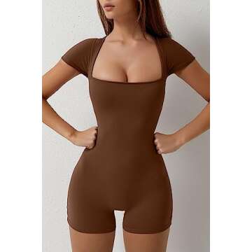 QINSEN Women's Sexy Square Neck Unitard Bodysuit Bodycon Stretchy One Piece Jumpsuits Shorts Rompers Brown L