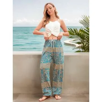 QIANXIZHAN Women's Harem Pants, Hippie Palazzo Pants Boho Joggers Yoga Clothes with Pockets Cyan Flower L