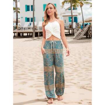 QIANXIZHAN Women's Harem Pants, Hippie Palazzo Pants Boho Joggers Yoga Clothes with Pockets Cyan Flower L