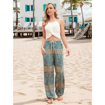 QIANXIZHAN Women's Harem Pants, Hippie Palazzo Pants Boho Joggers Yoga Clothes with Pockets Cyan Flower L
