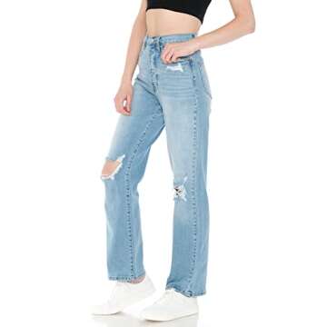 Cello Jeans Women's Juniors High Rise Straight Leg Dad Jeans(9, Light), Light Denim Wash