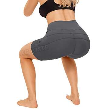 A AGROSTE Women’s High Waist Yoga Shorts with Inner Pockets Tummy Control Non See-Through Athletic Workout Running Shorts