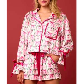 KOSUSANILL Christmas Pajamas for Women 2 Piece Cute Bow Pajama Set Tie Cuff Long Sleeve Santa Print ...