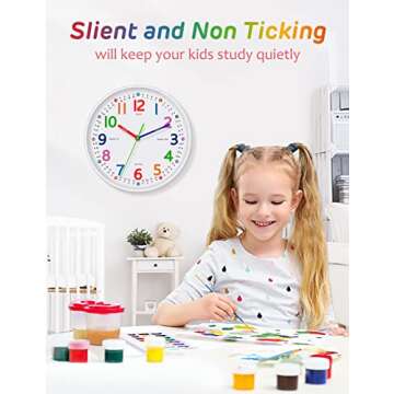 Kids Wall Clock: Silent Non-Ticking Teaching Clock for Kids Rooms, 10 Inch
