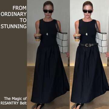 RISANTRY Women's Black Belts with Gold Buckle Elegant Leather Waist Belt Ladies Belts for Jeans Dress & Casual Wear