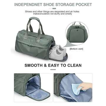 Gym Bag for Women Men with Shoe Compartment, Sport Duffel Bag, Waterproof Travel Weekender Overnight Carry on Bag for Yoga with Trolley Sleeve, Green