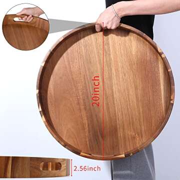 Round Wooden Serving Tray with Handles,20" Large Diameter Wood Serving Trays for Ottoman,Rustic Acac...