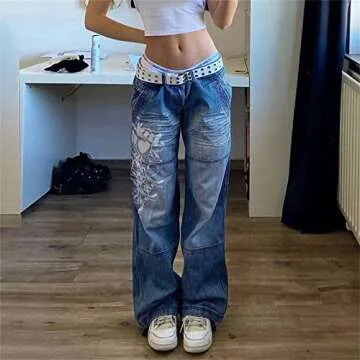 Indie Aesthetics Jeans for Women Gothic Punk Wide Leg Long Length Denim Pants Y2k Loose Casual Jeans...