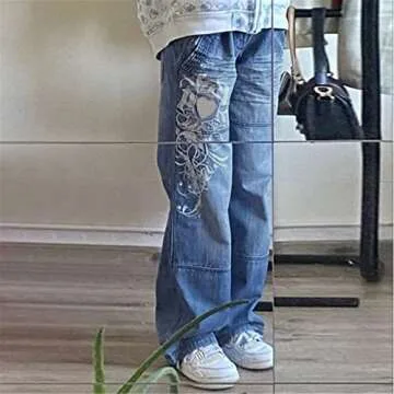 Indie Aesthetics Jeans for Women Gothic Punk Wide Leg Long Length Denim Pants Y2k Loose Casual Jeans Streetwear (Blue-F, S)