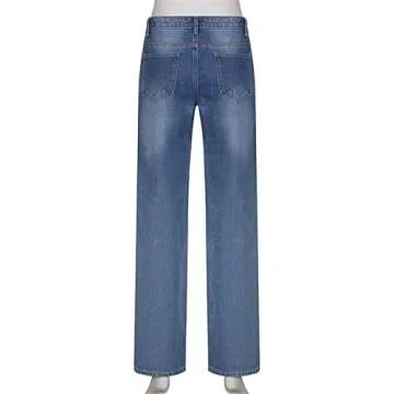 Indie Aesthetics Jeans for Women Gothic Punk Wide Leg Long Length Denim Pants Y2k Loose Casual Jeans Streetwear (Blue-F, S)