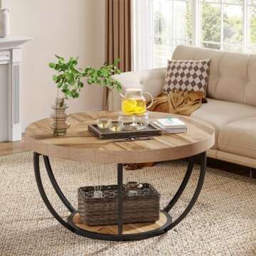 Tribesigns 31.7" Round Coffee Table, Industrial 2-Tier Circle Coffee Table with Storage Shelves, Modern Wooden Accent Center Table Sofa Side Table for Living Room, Home Office, Wooden Grain and Black