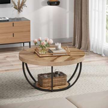 Tribesigns 31.7" Round Coffee Table, Industrial 2-Tier Circle Coffee Table with Storage Shelves, Modern Wooden Accent Center Table Sofa Side Table for Living Room, Home Office, Wooden Grain and Black