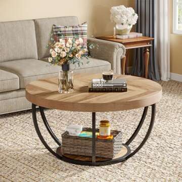 Tribesigns 31.7" Round Coffee Table, Industrial 2-Tier Circle Coffee Table with Storage Shelves, Modern Wooden Accent Center Table Sofa Side Table for Living Room, Home Office, Wooden Grain and Black