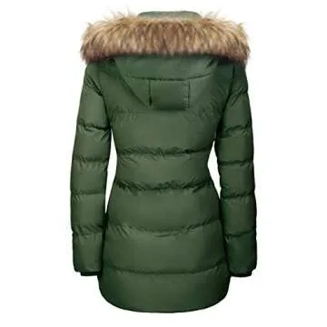 WenVen Women's Winter Thicken Puffer Coat with Removable Fur Hood - Stylish Army Green