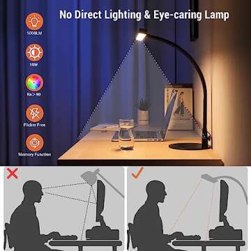 NovoLido LED Desk Lamp, 15.7" Wide Modern Architect Desk Light for Home Office, 10W Bright Tall Flexible Task Lamp for Piano, Monitor, Workbench, 3 Color Modes & 30 Brightness, 1000LM (Black)