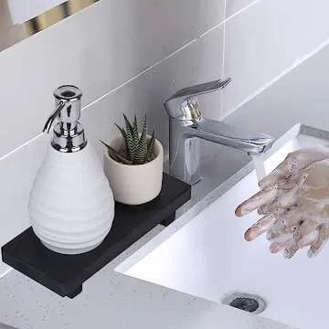 Small Wood Tray Pedestal Stand Farmhouse Bathroom Decor Decorative Wooden Riser Kitchen Soap Dish Holder for Vanity, Counter, Sink, Black