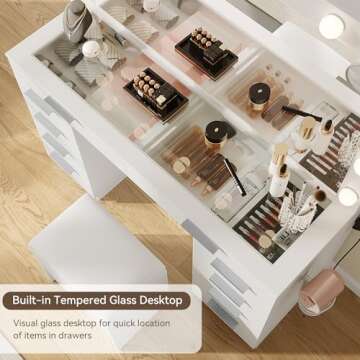 YITAHOME Makeup Vanity Desk with Large Mirror, 10-Drawer Vanity Set with Glass Tabletop & Charging S...